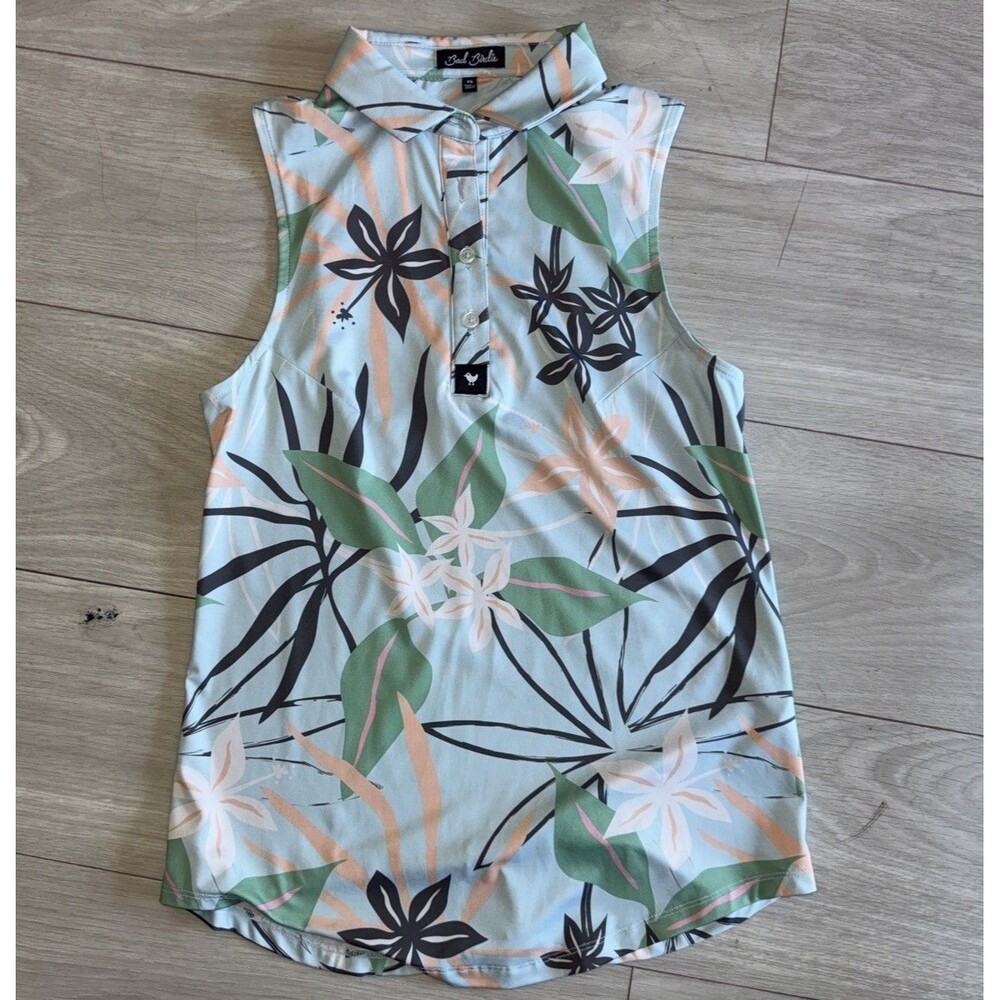 Bad Birdie Womens XS Sleeveless Golf Polo Teal Tropical Floral Performance
